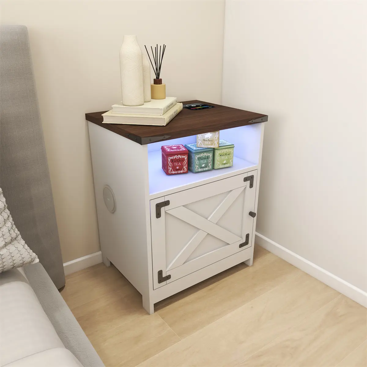 Farmhouse LED Light Wireless Charger Bedside Table