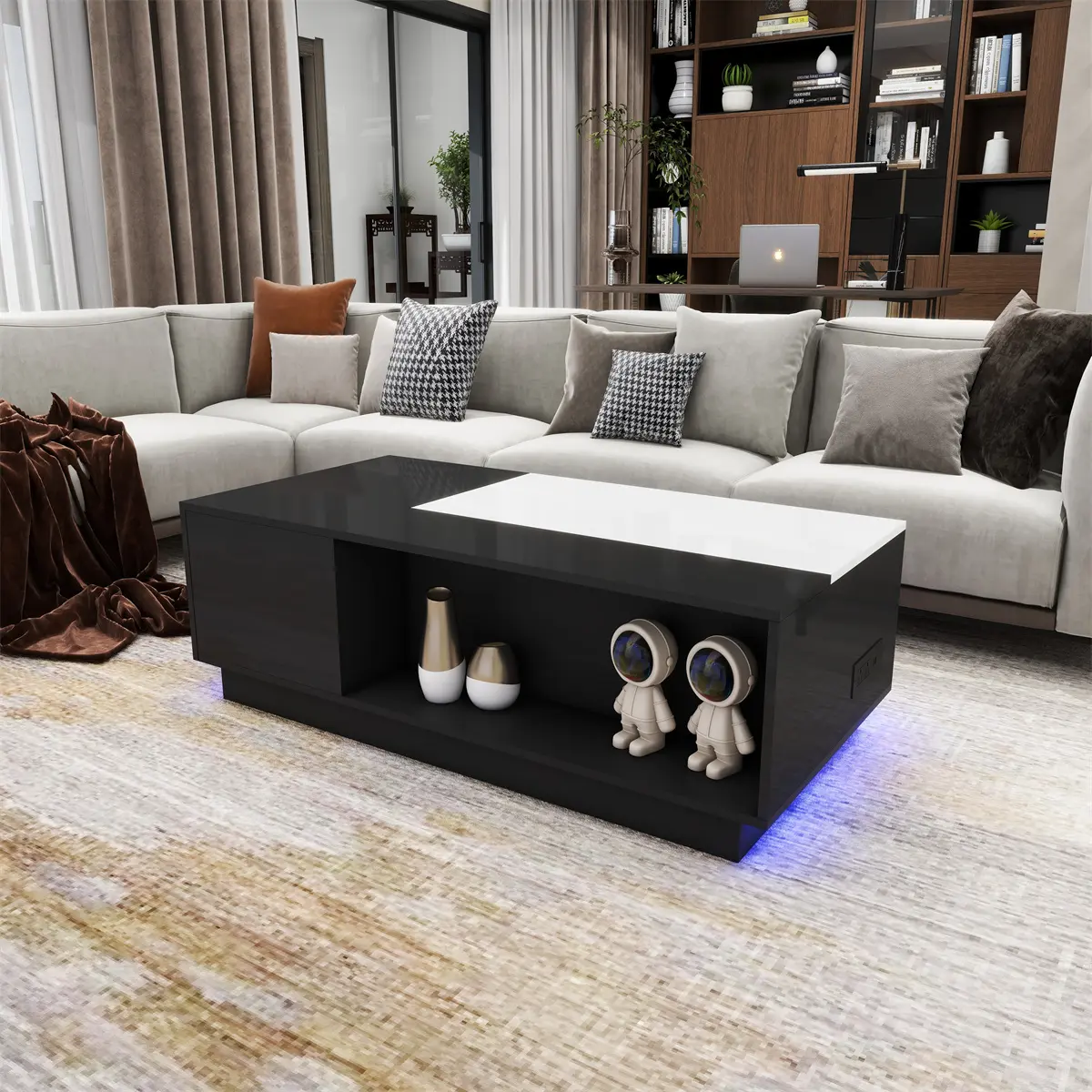 Stylish Wood Lift Top Black LED Coffee Table with Power Outlet