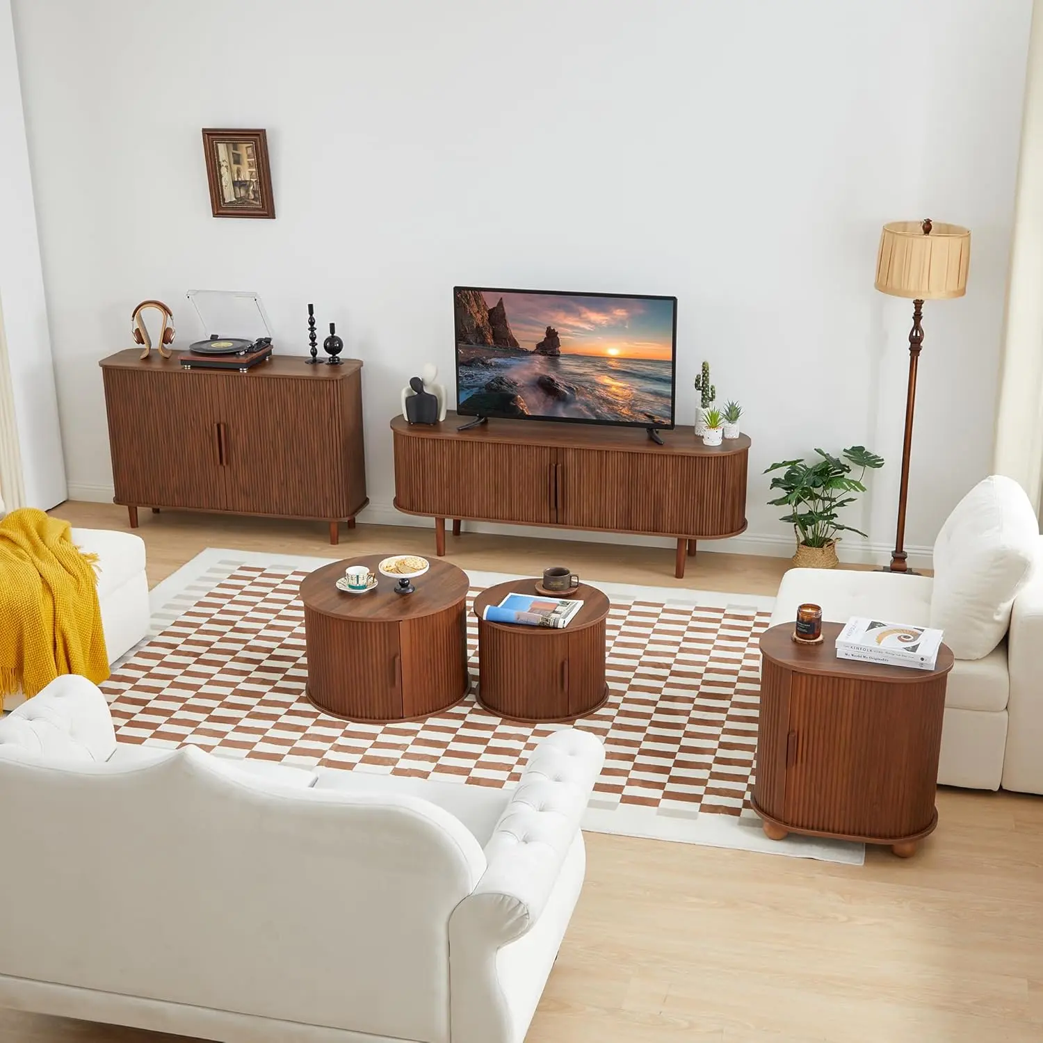 Small wood circle coffee table with storage set  Compact Round Wood Coffee Table Set with Storage – Stylish & Functional