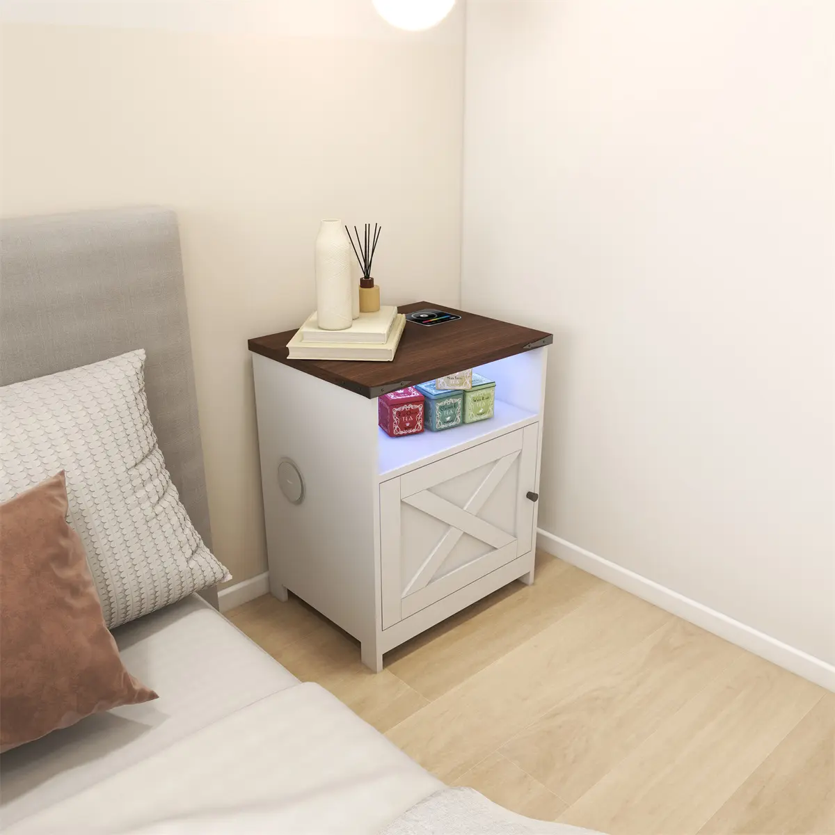 Farmhouse LED Light Wireless Charger Bedside Table