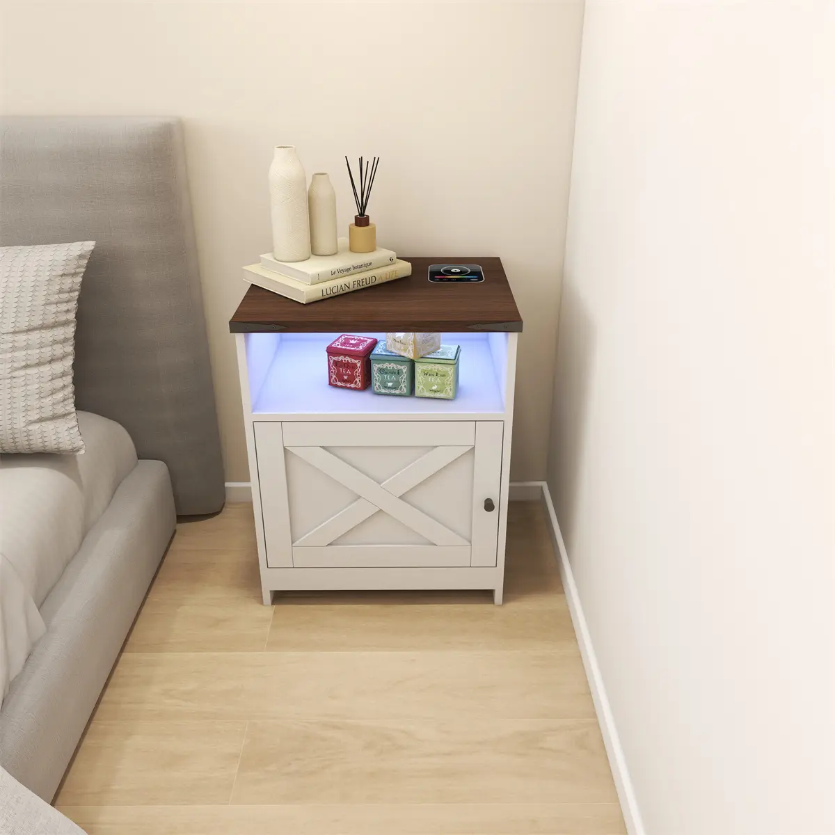 Farmhouse LED Light Wireless Charger Bedside Table