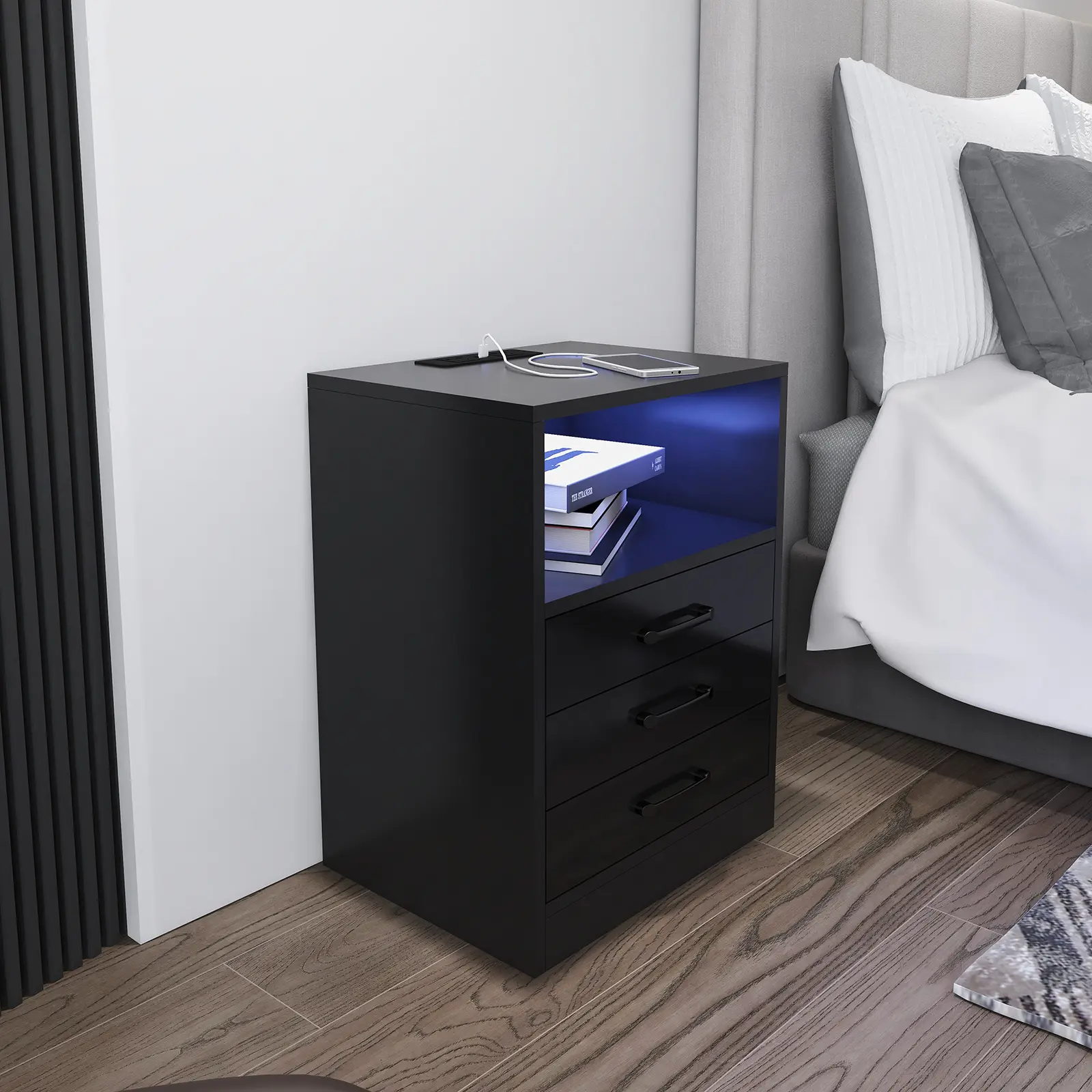 Tall storage Nightstand with Charging Station and light